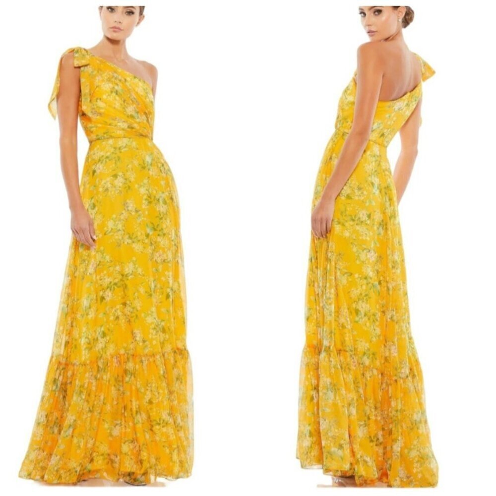New Mac Duggal Size 2 Maxi Dress Yellow Floral One Shoulder Formal Gown